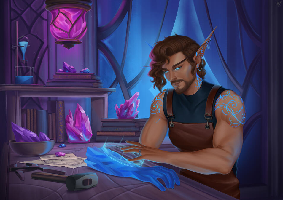 'Nor'andir's affinity for magic shone brightest when he was lost to the throes of his crystalline works.' (barnswallowart, Twitter)