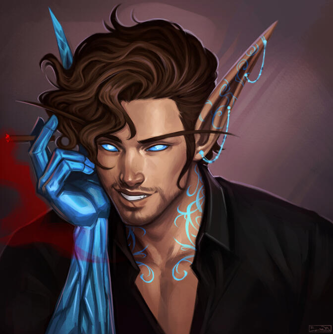 'Starforge's charms and wooing ways are a difficult presence to ignore, especially if his piercing eyes and devious grin are set upon you.' (Notesz, DevianART)